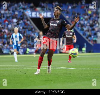 Sabadell, Barcelona, Spanien. 8. April 2023. Barcelona Spanien 08.04.2023 Nico Williams (Athletic Club) Geste während der La Liga Santander zwischen Espanyol und Athletic Club im RCDE Stadium am 08. April 2023 in Barcelona. (Kreditbild: © Xavi Urgeles/ZUMA Press Wire) NUR REDAKTIONELLE VERWENDUNG! Nicht für den kommerziellen GEBRAUCH! Kredit: ZUMA Press, Inc./Alamy Live News Stockfoto