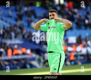 Sabadell, Barcelona, Spanien. 8. April 2023. Barcelona Spanien 08.04.2023 Unai Simon (Athletic Club) Gesten während der La Liga Santander zwischen Espanyol und Athletic Club im RCDE Stadium am 08. April 2023 in Barcelona. (Kreditbild: © Xavi Urgeles/ZUMA Press Wire) NUR REDAKTIONELLE VERWENDUNG! Nicht für den kommerziellen GEBRAUCH! Kredit: ZUMA Press, Inc./Alamy Live News Stockfoto