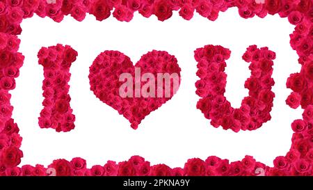Ich liebe dein Wort aus roten Rosenblumen, isoliert auf weißem Hintergrund Stockfoto