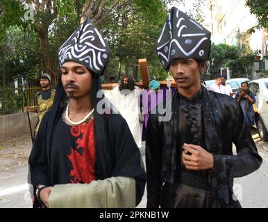 Neu-Delhi, Indien. 7. April 2023. karfreitagsfeiern in der Nähe der Mashigarh-Kirche in Neu-delhi (Kredit: © Indraneel Sen/Pacific Press via ZUMA Press Wire) NUR REDAKTIONELLE VERWENDUNG! Nicht für den kommerziellen GEBRAUCH! Stockfoto