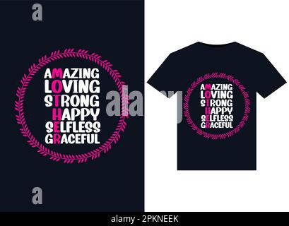 Erstaunlich liebevoll stark glücklich selbstlos anmutige Illustrationen für bedruckbare T-Shirts. Stock Vektor