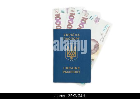 Ukrainischer Pass und Geld. Biometrischer Reisepass eines ukrainischen Staatsbürgers und 1000-Euro-Banknote. Draufsicht Stockfoto