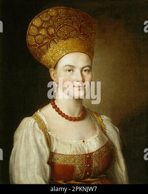 Porträt einer unbekannten Frau in russischem Kostüm 1784 von Ivan Argunov Stockfoto