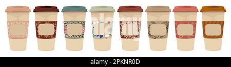 Satz verschiedener Vektoretiketten für Kaffeetassen zum Mitnehmen Stock Vektor