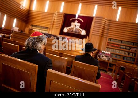 Berlin, Deutschland. 05. April 2023. Gläubige sitzen im Gebetsraum des Chabad Jewish Educational Center. Kredit: Fabian Sommer/dpa/Alamy Live News Stockfoto