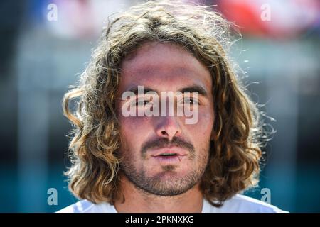 Roquebrune-Cap-Martin, Frankreich, Frankreich. 8. April 2023. Stefanos TSITSIPAS aus Griechenland während des Tennisturniers Rolex Monte-Carlo Masters 2023, ATP Masters 1000 im Monte-Carlo Country Club am 08. April 2023 in Roquebrune-Cap-Martin, Frankreich. (Kreditbild: © Matthieu Mirville/ZUMA Press Wire) NUR REDAKTIONELLE VERWENDUNG! Nicht für den kommerziellen GEBRAUCH! Stockfoto