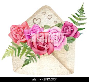 Aquarell Rosa und Farnstrauß. Blumen in einem Papierumschlag mit Herzen Stockfoto