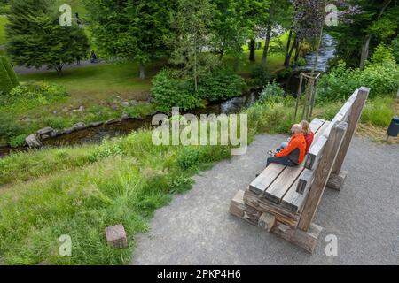 Mann und Frau sitzen auf einer riesigen Holzbank im Kurgarten, Bad Wildbad, Schwarzwald, Deutschland, Europa Stockfoto