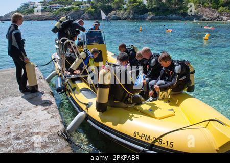 Taucher im Schlauchboot am Pier, Anlegestelle, Tauchbecken, Tauchausflug, Font de sa Cala, Cala Ratjada, Cala Rajada, Mallorca, Balearen, Spanien, Europa Stockfoto
