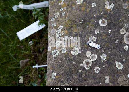 Gebrauchte Nadeln Spritzen und Drogenutensilien, die im öffentlichen Parkbereich des Writers Square Cathedral Quarter Belfast City Centre, Nordirland, entsorgt wurden, Stockfoto