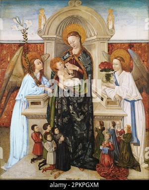 Virgen con el Niño, Ángeles y familia de donantes circa 1470 von Berthomeu Baro Stockfoto