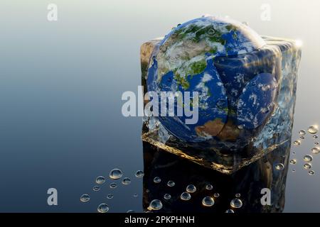 Die Erde in einem Eiswürfel, der schmilzt - 3D Illustration Stockfoto