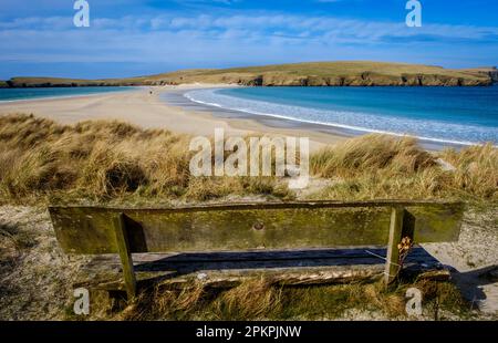 St. Ninian's Beach mit Blick auf St. Ninians Isle, Shetland, Schottland Stockfoto