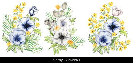 Mit Aquarellen von Aquarellen. Anemonblüten, gelbe Wildblumen, Zweige und Blätter. Trockener Mohn und Lotus Clipart. Die Abbildung zeigt Hand Stockfoto