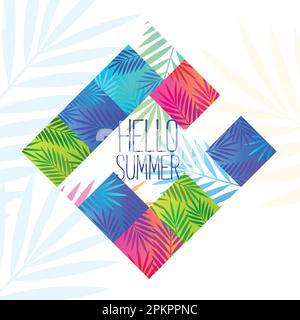 „Hello Summer“-Geschenkgutschein mit Palmenblatt. Vektor-isolierte Darstellung auf weißem Hintergrund. Grafikelement für T-Shirt, Poster, Geschenkgutschein, Flyer Stock Vektor