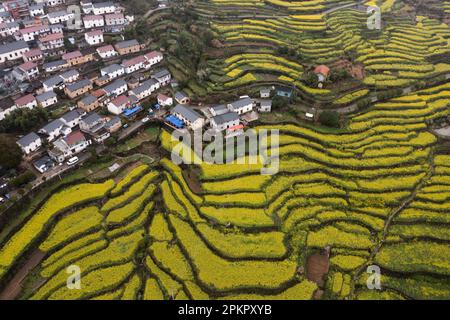 (230409) -- HANGZHOU, 9. April 2023 (Xinhua) -- Dieses Luftfoto wurde am 25. März 2023 aufgenommen und zeigt einen Blick auf das Xuling Natural Village des Shaojia Village in Jiande City, Ostchina Provinz Zhejiang. Im Juni 2003 startete die Provinz Zhejiang das Projekt "Thousand Villages Demonstration and zehntausend Villages Renovation" mit dem Ziel, zehntausend Verwaltungsdörfer in der Provinz umfassend zu renovieren und tausend wichtige Dörfer in insgesamt wohlhabenden Modelldörfern zu bauen. Zwanzig Jahre lang hat das Projekt Tausende von schönen Dörfern geschaffen, die sich grundlegend ändern Stockfoto