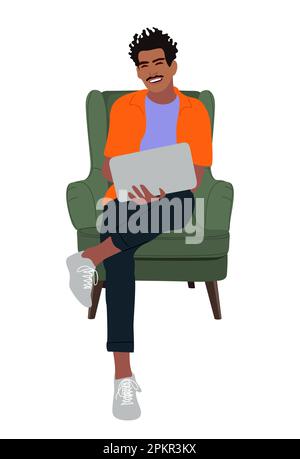 Junger Mann mit Laptop-Computer, der in einem Sessel sitzt Stock Vektor