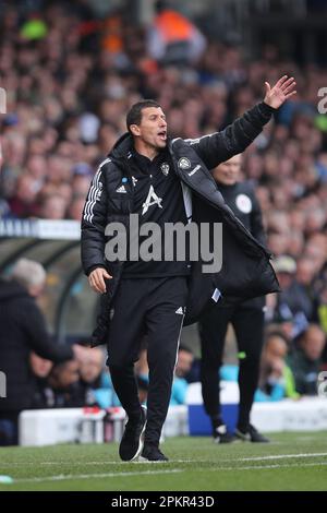 Leeds, Großbritannien. 9. April 2023. Javi Gracia, Leeds United Managerin, Gesten während des Premier League-Spiels zwischen Leeds United und Crystal Palace in der Elland Road, Leeds, am Sonntag, den 9. April 2023. (Foto: Pat Scaasi | MI News) Guthaben: MI News & Sport /Alamy Live News Stockfoto