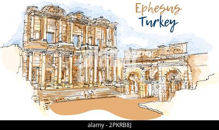 Ephesus, Izmir, Türkei. Die Celsus-Bibliothek. Abstrakte Landschaft türkischer Wahrzeichen an der Ägäis. Handgezeichnete Skizze Vektor Aquarell Illustration Stock Vektor