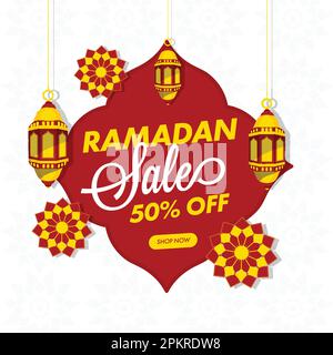 BIS zu 50 % Rabatt auf das Posterdesign im Ramadan Sale mit hängenden Laternen und islamischem Muster. Stock Vektor