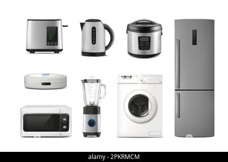 Elektrische Haushaltsgeräte. Realistische Spielereien. Haushaltsgeräte wie Kühlschrank und Wasserkocher. Toaster und Mikrowelle. Küche Multicooker. Waschmaschine oder Roboter-Staubsauger. Vektorisoliertes Hausausrüstungsset Stock Vektor