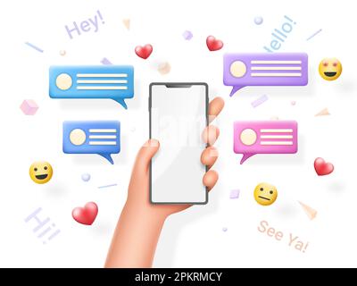 Freundschaftsgespräche, Emoji-Nachrichten. Smartphone in der Hand mit weißem, leerem Bildschirm, Sprechblasen und 3D Emoji, mobiler Spielbox. Vorlage für Werbebanner. Vektor-Chat-Illustration Stock Vektor
