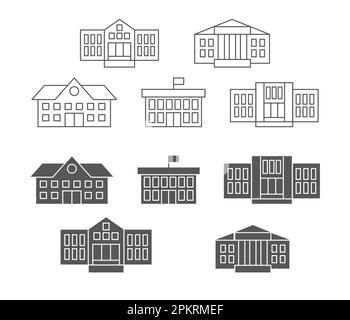 Schulbildung. Universitätscampus. College-Ikonen. Hohe öffentliche Gebäude. Grundschule. Bibliothek und Vorschulstudium. Architektur des Schulhauses mit Linien oder Silhouetten. Symbole für Vektorkontur festgelegt Stock Vektor