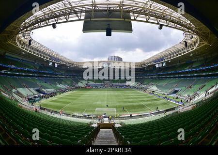9. April 2023: SAO PAULO, BRASILIEN - 9. APRIL: Ein allgemeiner Blick auf das Stadion vor einem Spiel zwischen Palmeiras und E.C. Ãgua Santa als Teil des Finales von Campeonato Paulista 2023 (Sao Paulo State Championship) in der Allianz Parque Arena am 9. April 2023 in SÃ Paulo, Brasilien. (Kreditbild: © Leandro Bernardes/PX Imagens via ZUMA Press Wire) NUR REDAKTIONELLE VERWENDUNG! Nicht für den kommerziellen GEBRAUCH! Stockfoto