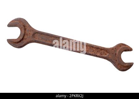 Rostiger Schraubenschlüssel isoliert auf weiß mit Beschneidungspfad, Kopierbereich Stockfoto