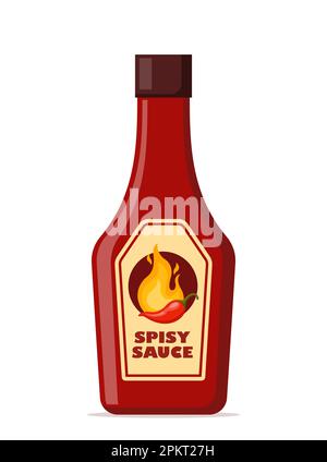 Scharfe Sauce in roter Flasche. Ketchup, heiße Tomaten und Chilisauce in der Flasche, rote Chili-Pfeffer und gelbes Feuer auf dem Etikett. Vektordarstellung Stock Vektor