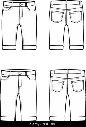 Denimshorts für Herren und Damen. Mode-CAD. Stock Vektor