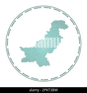 Pakistan rundes Logo. Digitale Form Pakistans in gepunktetem Kreis mit Ländernamen. Technisches Symbol des Landes mit abgestuften Punkten. Moderner Vektor Stock Vektor