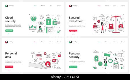 Vektordarstellung für Sicherheit personenbezogener Daten, Investitionen und Cloud-Speicher-Set. Kleine Cartoon-Leute arbeiten mit Zugriff auf Datenbanken und sichere Finanzplattformen, kontrollieren die Privatsphäre und schützen Informationen Stock Vektor