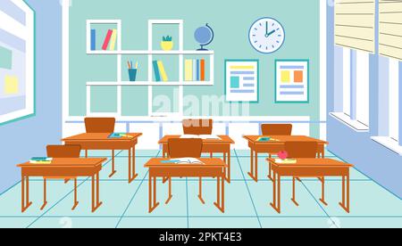 Unterrichtsraum in der Schule. High- oder Grundklasse, Zimmer im Kindergarten oder College mit Schreibtisch, Büchern und Notizbüchern. Vektorerziehungskonzept Stock Vektor