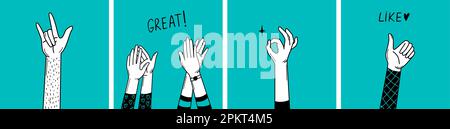Positive Handzeichen. Doodle Hand klatscht und Applaus, okay und ähnliches Zeichen. Social-Media-Community, karitative Grafikelemente Stock Vektor