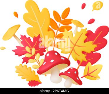 Der lebhafte Herbst 3D lässt Pilze zusammensetzen. Gelbrote Blätter fallen, Amanita, Eiche und Ahorn Vektorelemente. Dekorative Saisonzusammensetzung Stock Vektor