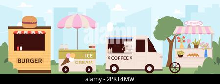 Flohmarkt. Straßenhandel, Kaffeeburger, Eiscreme und Blumenstände im Stadtpark. Fastfood-Café im Freien, Vektorszene Stock Vektor
