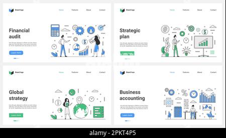 Geschäftsbuchhaltung, Finanzaudit, globale Strategie und Entwicklungsplan dienen der Veranschaulichung. Cartoon Office kleine Leute arbeiten an Finanzprojekten mit digitalen Datendiagrammen und Statistikberichten Stock Vektor