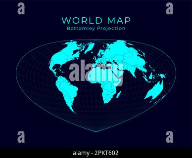 Weltkarte. Bottomley-Projektion. Futuristische Infografik Weltanschauung. Helle Cyan-Farben auf dunklem Hintergrund. Kreative Vektordarstellung Stock Vektor