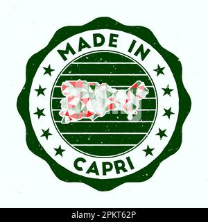 Hergestellt In Capri. Runder Inselstempel. Dichtung aus Capri mit Randform. Vintage-Abzeichen mit kreisförmigem Text und Sternen. Vektorabbildung. Stock Vektor