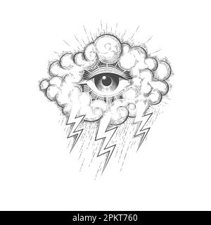 Tattoo des Allsehenden Auges in einer Wolke mit isolierten Lichtern auf weißem Hintergrund. Vektordarstellung. Stock Vektor