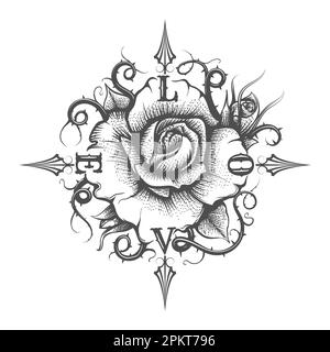 Ein Tattoo von Rosenblume mit Dornen und Buchstaben, isoliert auf weißem Hintergrund. Vektordarstellung. Stock Vektor