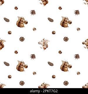 Süßes, nahtloses Muster mit Eichhörnchen in Aquarellfarben und Haselnuss. Süßes Kindermuster. Perfekt für Hintergrundpapier oder Textilien. Stockfoto