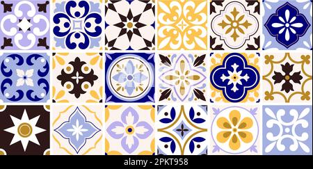 Traditionelle spanische Keramikfliesen. Portugiesische Motive, lissabonner Farbfliesen. Küchenmosaik, farbenfrohes Dekorationsmuster, gewagtes Vektordesign Stock Vektor