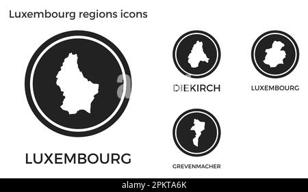 Symbole der luxemburgischen Regionen. Schwarze runde Logos mit Karten und Titeln der jeweiligen Region. Vektordarstellung. Stock Vektor