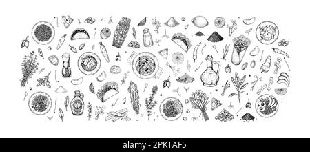 Große Auswahl an Speisen, Gemüse und Grünzeug. Handgezeichnete Vektordarstellung im Skizzenstil Stock Vektor
