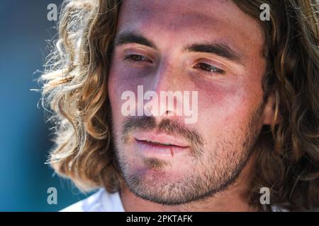 Roquebrune-Cap-Martin, Frankreich, Frankreich. 8. April 2023. Stefanos TSITSIPAS von Griechenland während der Tennisveranstaltung Rolex Monte-Carlo, ATP Masters 1000 am 8. April 2023 im Monte-Carlo Country Club in Roquebrune Cap Martin, Frankreich - Photo Matthieu Mirville/DPPI (Kreditbild: © Matthieu Mirville/ZUMA Press Wire) NUR REDAKTIONELLE VERWENDUNG! Nicht für den kommerziellen GEBRAUCH! Stockfoto