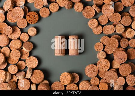 Recycling-Symbol und Weinkork für den sekundären Gebrauch. Erhaltung der Ökologie des Planeten. Rohstoffe für die Wiederverwendung. Umweltschutz. Stockfoto