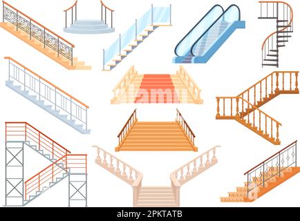 Cartoon-Treppen. Holztreppe aus Stein und Metall, klassische Wendeltreppe oder U-Bahn-Rolltreppe, Teppichtreppe aus Marmor auf dem obersten Haus Büroappartement des Hotels mit hübscher Vektordarstellung Stock Vektor