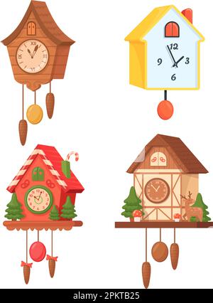 Cartoon-Kuckucksuhren. Antike deutsche Wanduhren, klassische weihnachtsuhr hängende Pendelgewichte, hölzerne Uhr dekoratives Spielzeug Vogelhaus, ordentliche Vektordarstellung einer alten antiken Uhr Stock Vektor